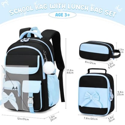 Kids Backpack for Girls, 3PCS School Backpack Set with Insulated Lunch Box & Pencil Case, Waterproof Lightweight Bookbag for Elementary & Middle School, Cute Bow Travel Daypack Black-Blue - color: Black-blue