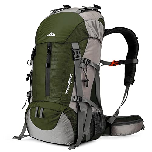 Loowoko 50L Hiking Backpack, Waterproof Camping Essentials Bag with Rain Cover, 45+5 Liter Lightweight Backpacking Back Pack - color: Green