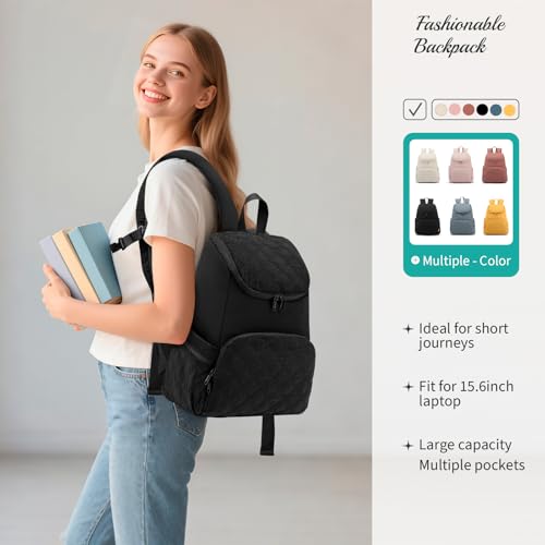 NOL Natural Organic Lifestyle Women's Quilted Puffer Backpack, Large Waterproof Lightweight Puffy Bookbag, Carry on Daypack for Travel, Work (Black) - color: Black