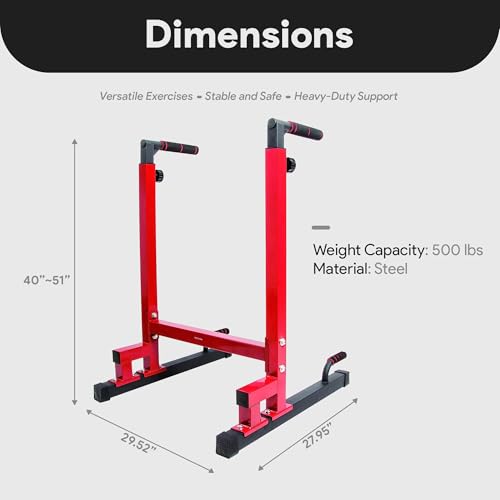 BalanceFrom Steel Frame Dip Station with Adjustable Height, 500 Pound Weight Capacity – Upper Body Workout Home Gym Equipment for Triceps, Push & Pull Ups, Leg Raises, and Bench Press - color: Red