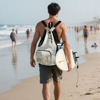 Drawstring Beach Bags Sports Gym Bag With Water Bottle Pocket String Back Pack Wet and Dry Separation Marble White Neutral - color: Color 12