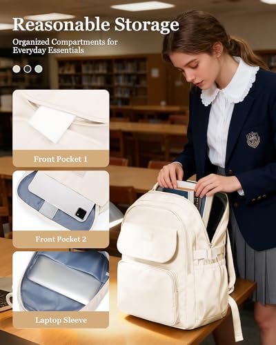 Cute Middle School Backpack For Teen Girls,Waterproof Casual Bookbags,Lightweight Travel Daypack,Basic Laptop College Backpack For Women(White) - color: A2-beige