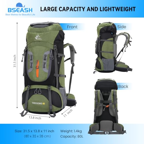 Bseash 80L Waterproof Hiking Camping Backpack with Rain Cover, Lightweight Outdoor Sport Travel Daypack for Climbing Touring (Army Green) - color: Army Green