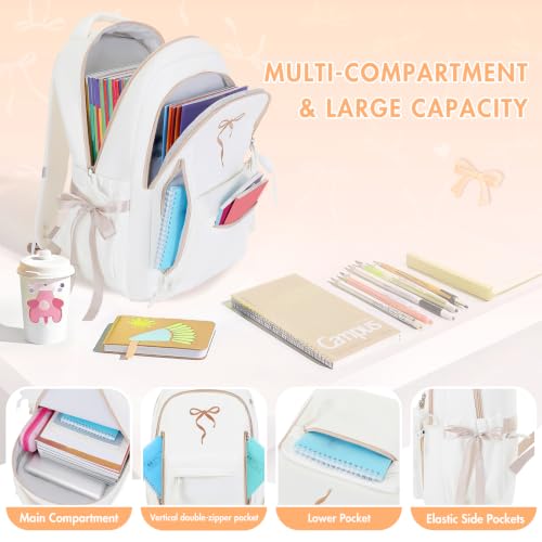 Kids Backpack for Girls - 3PCS Cute Embroidered Bow Girls Backpack with Insulated Lunch Bag & Pencil Case - Bookbag for Teen Women Middle High School College Work Travel Daypack - color: Beige Khaki