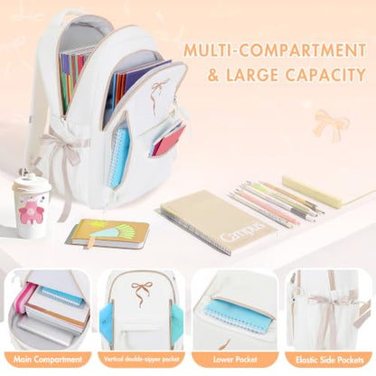 Kids Backpack for Girls - 3PCS Cute Embroidered Bow Girls Backpack with Insulated Lunch Bag & Pencil Case - Bookbag for Teen Women Middle High School College Work Travel Daypack - color: Beige Khaki
