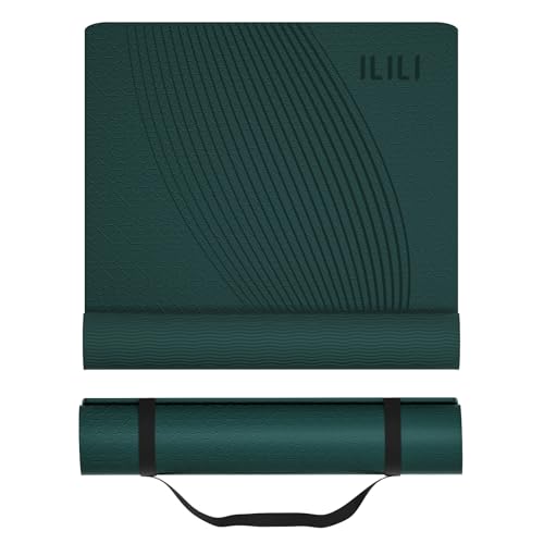 ILILI Yoga Mat, TPE Exercise Mat, Tear-Resistant, Fitness Yoga Mat with Carrying Strap, 72''x25''×0.3''(8mm), Ideal for Yoga, Pilates, Home Workouts, Stretching & All Fitness Routines - color: Dark Green