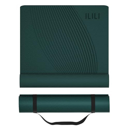 ILILI Yoga Mat, TPE Exercise Mat, Tear-Resistant, Fitness Yoga Mat with Carrying Strap, 72''x25''×0.3''(8mm), Ideal for Yoga, Pilates, Home Workouts, Stretching & All Fitness Routines - color: Dark Green