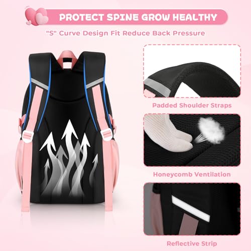 MOONBABY Girls Backpack, Kids Backpack for Girls, School bag for Primary Elementary Teenage, Middle School Students Bookbag - color: Black Pink