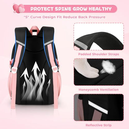 MOONBABY Girls Backpack, Kids Backpack for Girls, School bag for Primary Elementary Teenage, Middle School Students Bookbag - color: Black Pink