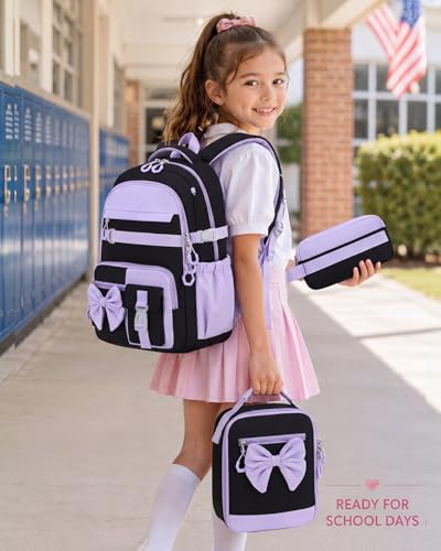CAMTOP Girls Backpack with Lunch Box & Pencil Case Set, School Backpack for Girls with Large Water Bottle Holder Straps, Waterproof Kids Backpack, Cute Bookbag for Elementary School & Travel - color: Black Purple