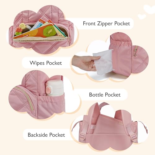 mommore Quilted Diaper Bag Backpack, Small Baby Bags, Lightweight Mini Diaper Backpack for Travel, with Insulated Pockets, Changing Pad (Pink) - color: Top Handle-pink