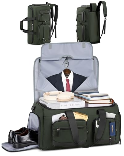 RAINSMORE Garment Bags for Travel, 45L Convertible Garment Duffle bag for Hanging Clothes, 3 in 1 Suit Travel Bag for Business Trips with Shoulder Strap, Carry On Suit Luggage for Men Women, Green - color: Green