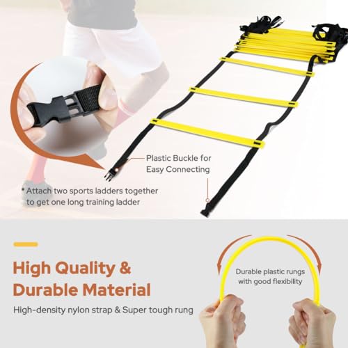 GHB Pro Agility Ladder Agility Training Ladder Speed 12 Rung 20ft with Carrying Bag - color: Yellow-2 Pack