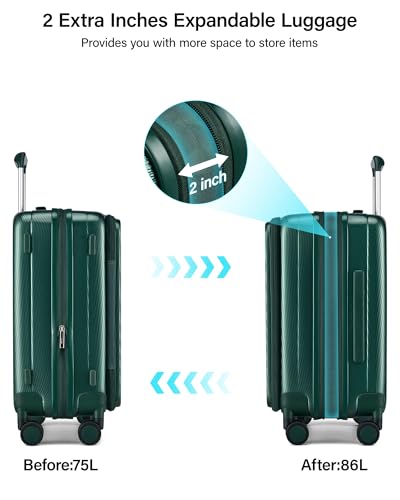 Hanke 24 Inch Expandable Luggage Top Opening Checked Bag Luggage Hard Shell Suitcases with Wheels Lightweight Travel Luggage Medium Suitcase with Lock for Woman Men-Blackish Green - color: Blackish Green, size: 24 Inch Expandable