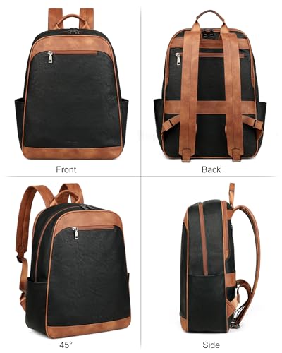 MASINTOR 15.6 inch Leather Laptop Backpack Purse for Women, Designer Travel and Work Bag with Laptop Compartment Black Brown - color: Black Brown