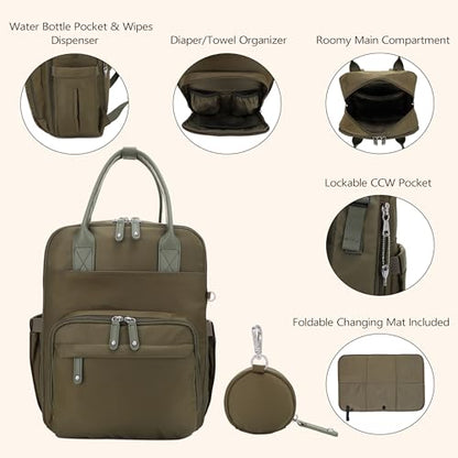 JESSIE & JAMES BeBe CCW Diaper Bag Nylon Backpack Multi Function Diaper Bag with Changing Pad & Stroller Straps_Olive/Olive - color: Olive/Olive