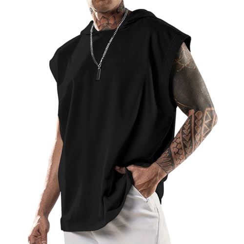 domirica Sleeveless Hooded Mens Shirt Tshirts Loose Fit Fitness Street Outfit Summer Regular Casual Tank Top - color: Black, size: 4X-Large