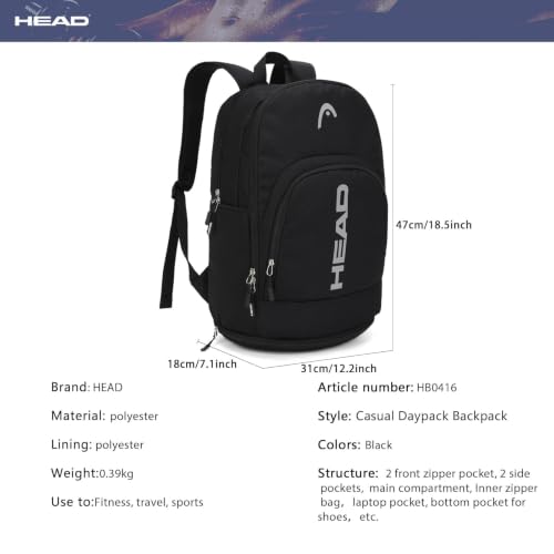 HEAD Gym Tennis Backpack for Men with Shoes Pocket Fits 15.6 inch Laptop - color: Black With Bottom Pocket