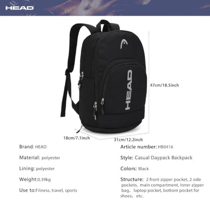 HEAD Gym Tennis Backpack for Men with Shoes Pocket Fits 15.6 inch Laptop - color: Black With Bottom Pocket