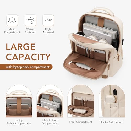 MDODO Laptop Backpack for Women,Travel Backpack with Laptop Compartment,Casual Daypack College Bookbag Computer Work Backpack,15.6 inch,Beige - color: Beige-1 Pcs