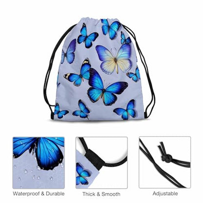 Drawstring Backpack Beautiful Blue Butterflies Lightweight Gym Backpack Various Flying Positions Simple Design for Women Men 14x16.9 Inch - color: Butterflies