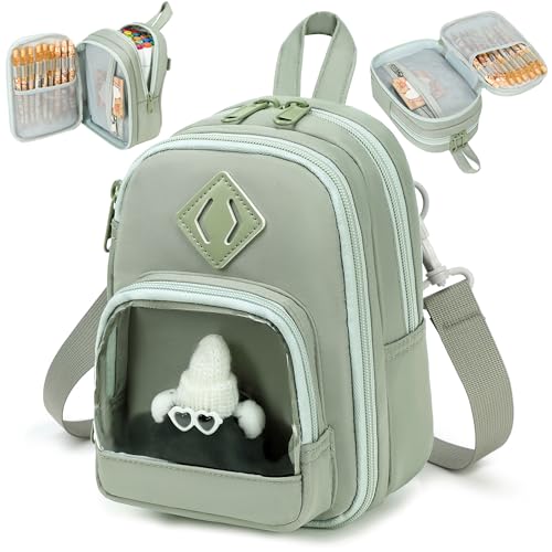 Large Capacity Kids Backpack Pencil Case Pen Bag with Clear Pocket, Cute Kawaii Pen Pouch Organizer with Adjustable Strap & Plush Doll Keychain for School Girls Boys (Green) - color: Green