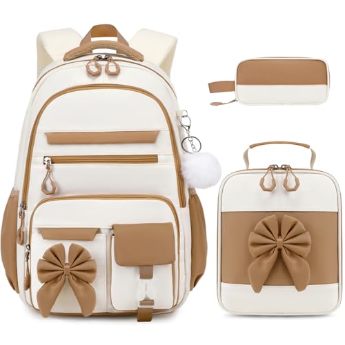 DIGOBAY Backpack for Girls, 3PCS Girls Backpack for School with Lunch Bag Pencil Case, Cute Kids Teens Bookbag for Kindergarten Elementary Preschool Middle School - color: Khaki