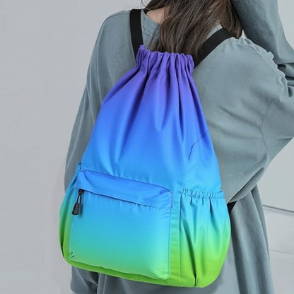 Drawstring Backpack for Women Drawstring Gym Bag Water Resistant Small Cinch Sack Pull String Backpack Bag (Blue-Green) - color: Blue-green