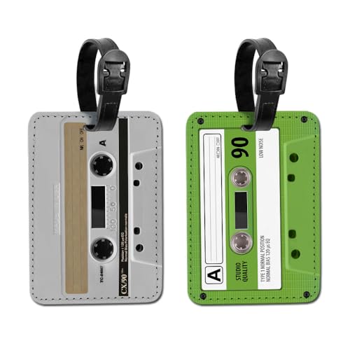 WIRESTER Set of 2 PU Leather Luggage Tag Name Tag Bag Tag for Travel Suitcase Baggage Luggage - Retro White Cassette Tape, Green Cassette Tape - color: Retro White Cassette Tape, Green Cassette Tape