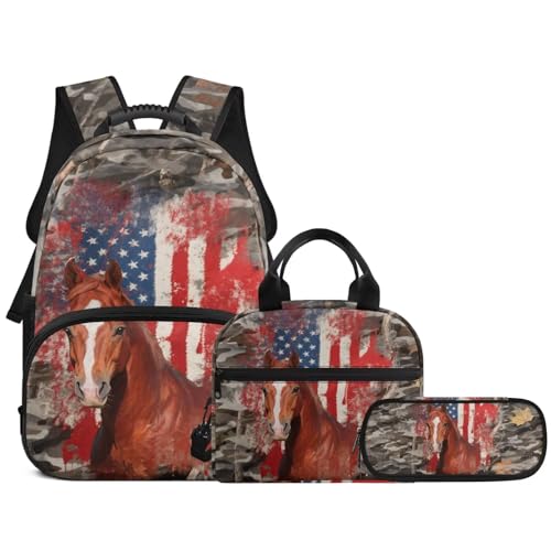 3PCS Backpack for Boys Girls Teens, 3 in 1 Branches American Flag Horse Schoolbag Lightweight 17 Inch School Backpack with Lunch Box Pencil Case for Elementary Middle High Students - color: Branches American Flag Horse