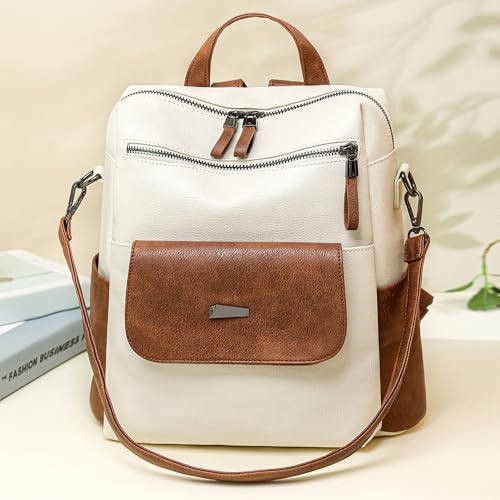 WYFJNX PU Leather Backpack Purse for Women Fashion Multipurpose Design Handbag Ladies Shoulder Bags Travel Backpack White Brown - color: White Brown