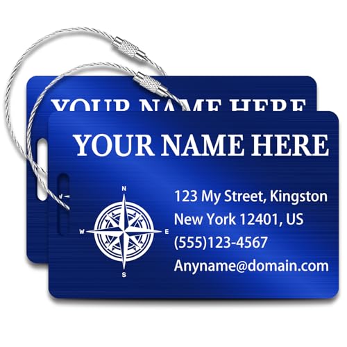 Personalized Metal Luggage Tags (2 Pack), Customizable Icon Text, Laser Engraved Waterproof Durable, for Bags, Backpack Travel, Suitcases (Blue) - color: Vertical Blue