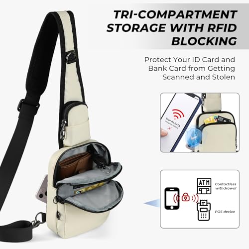 Anti-Theft Crossbody Sling Bag, RFID Blocking, Zipper Lock, Small - color: Beige