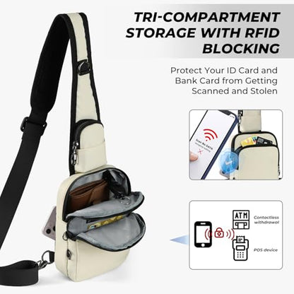 Anti-Theft Crossbody Sling Bag, RFID Blocking, Zipper Lock, Small - color: Beige