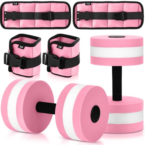 Hollowfly Water Aerobics Set, 4 Piece Pool Exercise Kit (2 Aquatic Dumbbells + 2 Ankle/wrist Weights), EVA Foam, Low-impact Workout - color: Pink, size: 1lb