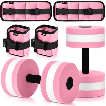 Hollowfly Water Aerobics Set, 4 Piece Pool Exercise Kit (2 Aquatic Dumbbells + 2 Ankle/wrist Weights), EVA Foam, Low-impact Workout - color: Pink, size: 1lb