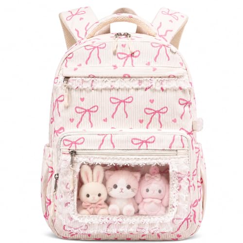 LEDAOU School Backpack for Teen Girls Elementary Middle School Bookbag Kids Backpacks Women Laptop Backpack Travel Daypack (Lace Clear Pocket - Bow Beige) - color: Lace Clear Pocket - Bow Beige