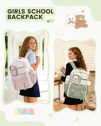 LOVEVOOK Cute School Backpack for Girls Ages 8-14, Bookbag with Plush Bear & Clear Display Pocket, Fits 15.6 Inch Laptop & 40oz Tumbler, Back to School Backpack for Elementary & Middle School - color: Green / Off-white