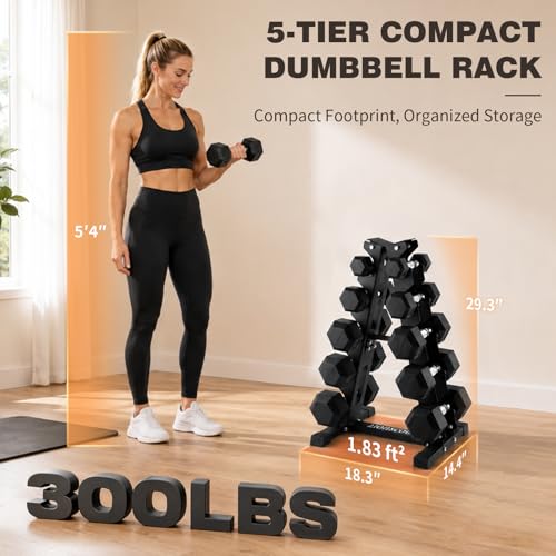 LIONSCOOL 5/6 Tier A-Frame Dumbbell Rack Stand Only, Heavy Duty Steel Weight Rack for Home Gym, Space-Saving Dumbbell Stand (200/300/600LBS Capacity) - size: 5 Tier 5-35LB