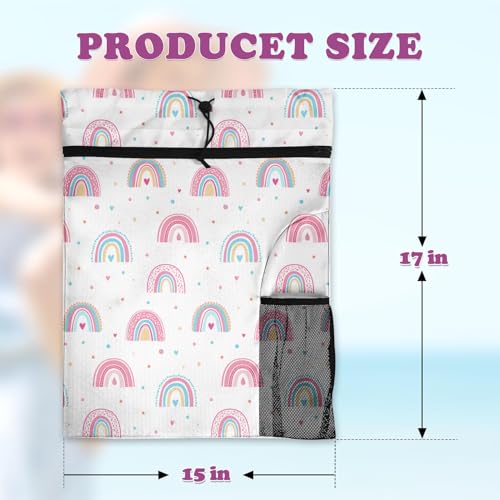 Rainbow Drawstring Backpack, 15” x 17” Waterproof Swim Bag for Beach Swimming Pool, Lightweight Foldable Gym Bag with Water Bottle Holder for Sports Travel - color: Rainbow