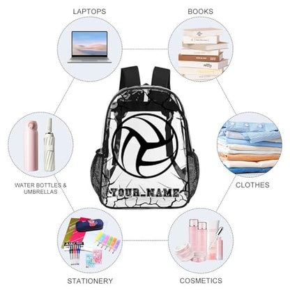 Custom Volleyball Clear Backpack Heavy Duty for Girls Kids Boys | Large Cool PVC Volleyball Theme Printing Transparent Backpacks for Schools Stadium Concerts Work - Clear/Black - color: Volleyball Clear Backpack 3 Black Custom