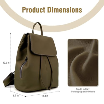 BOYATU Women’s Full-Grain Leather Backpack Purse, Minimal Structured Design, Work Commuter & City Travel, Compact Everyday Essentials, Fashion RFID Pocket Bag ((Olive green) - color: Green
