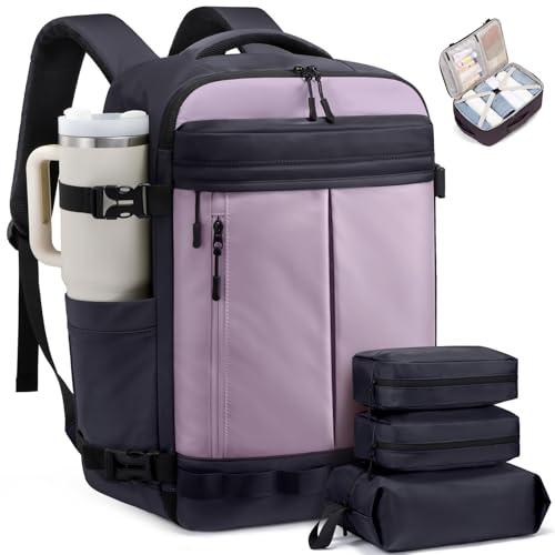 LOVEVOOK 40L Travel Backpack for Women Men, Airline Approved Carry On Luggage with 3 Cubes Accessories, TSA Personal Item Travel Cruise Essentials, Waterproof Weekender Overnight Bags fits 17" Laptop - color: Light Purple-muted Purple Gray, size: 40L 4-Pi