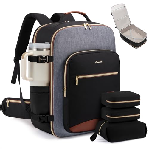 LOVEVOOK 56L Travel Backpack for Women & Men, Airline Approved Carry On Luggage with 3 Packing Cubes, TSA Overnight Bags, Waterproof Personal Item Bag, Weekender Essentials Backpacks fits 17" Laptop - color: Black-grey-brown, size: XX-Large