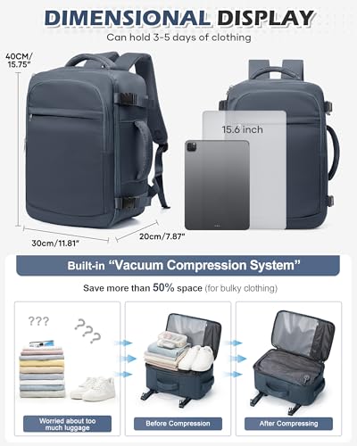 VGCUB Vacuum Backpack Travel with Pump, 40L Carry On Travel Backpack Flight Approved TSA, Vacuum Seal Compression Bags for Clothing, Waterproof Personal Item Bag for Women Men Royal Blue - color: A-royal Blue With Vacuum Bag