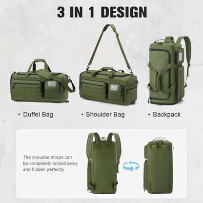 G4Free 3-in-1 Travel Duffle Bag for Men and Women, 50L Large Gym Sports Bags Tactical Military Duffle Backpack with Shoes Compartment and Wet Pocket (Green) - color: Army Green
