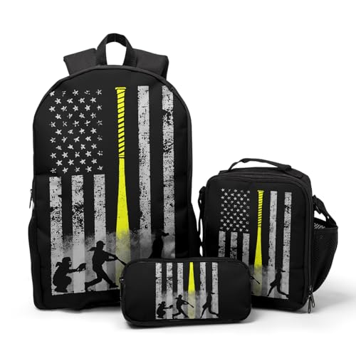 Giwawa Baseball American Flag Backpack Set 3 Pcs Patriotic USA Sporty Lightweight Bookbag Insulated Lunch Box Organizer for Athletes Students Sports Events Study Back to School Day Travel - color: Baseball Flag