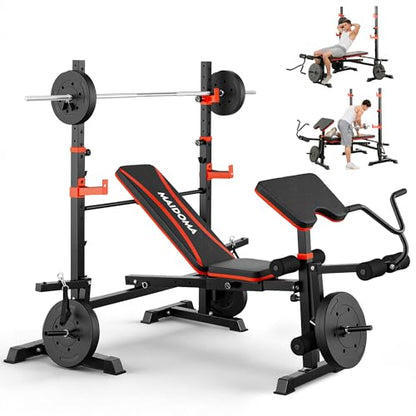 Foldable 1500LBS 6 IN 1 Weight Bench Set with Squat Rack, Leg Extension/Curl & Preacher Curl, Adjustable Bench Press Set with Safety Bar Catches for Home Gym Full Body Workout