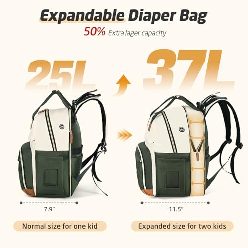 Diaper Bag Backpack - Extra Large Diaper Bag for 2 Kids Twin, Travel Baby Bags for Mom Dad 25-37L Expandable with Changing Pad Earphone Hole, Apricot Green - color: Green & Apricot