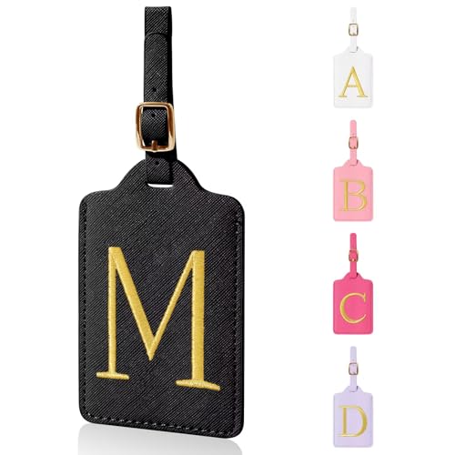 Personalized Initial Luggage Tags for Suitcases,Leather Letter Cute Luggage Tags with Privacy Name Card,Embroidered Monogrammed Travel Bag Backpack Tag Gifts for Women Kids Girls Teens(Black-M) - color: Black, size: M
